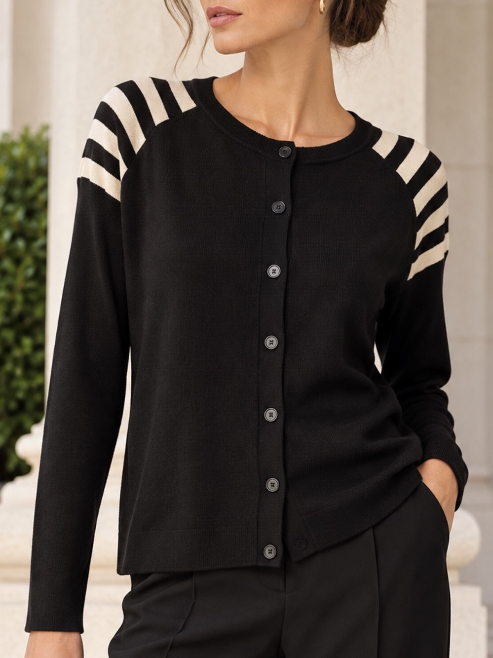 Akris Punto Button Wool Cardigan Black Cream Stripe Yoke Excellent Size 6 US